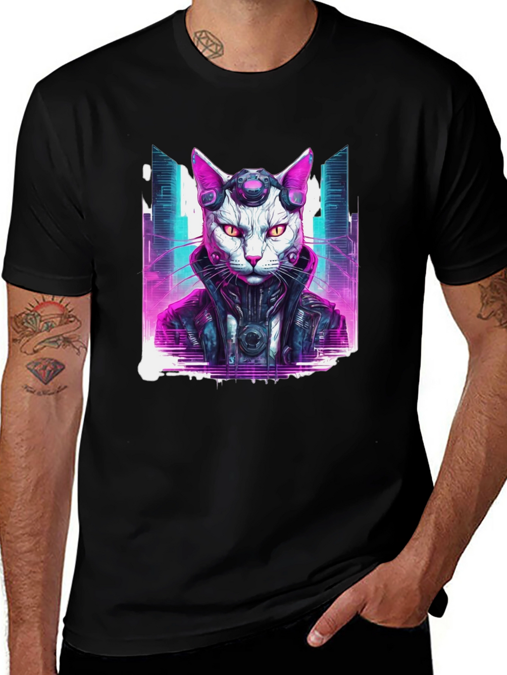 Cyberpunk Cat T-Shirt - Futuristic Neon Graphic Tee
