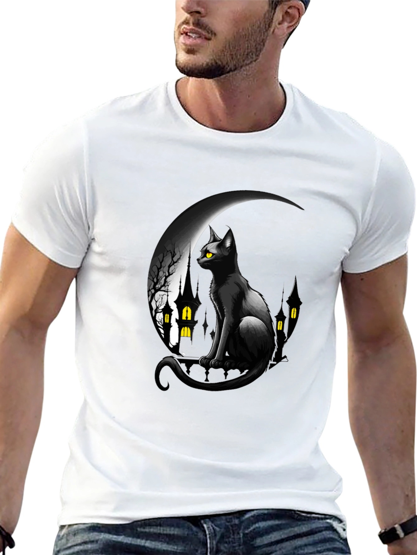Black Cat Moon Halloween Graphic T-Shirt