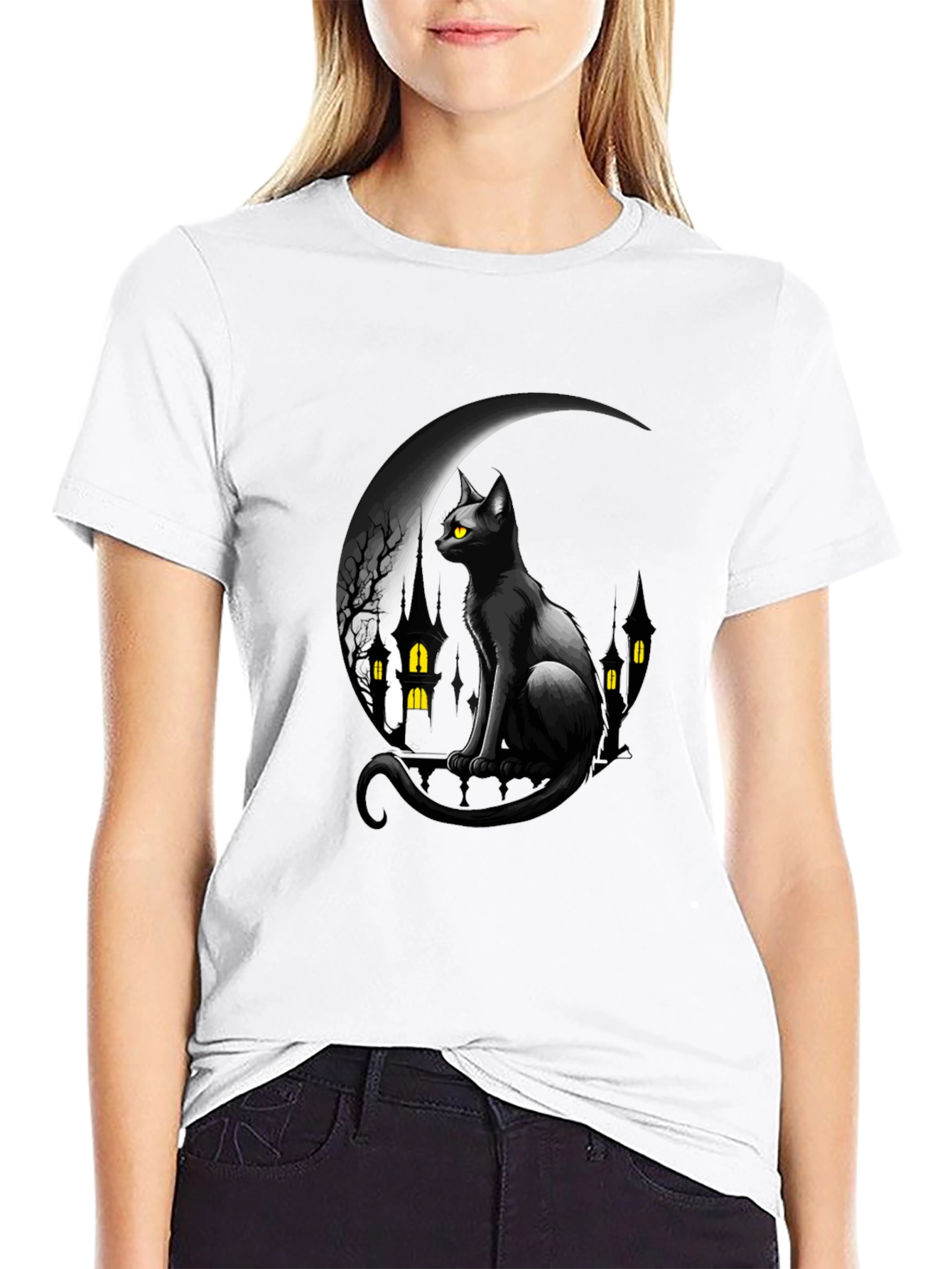 Black Cat Moon Halloween Graphic T-Shirt