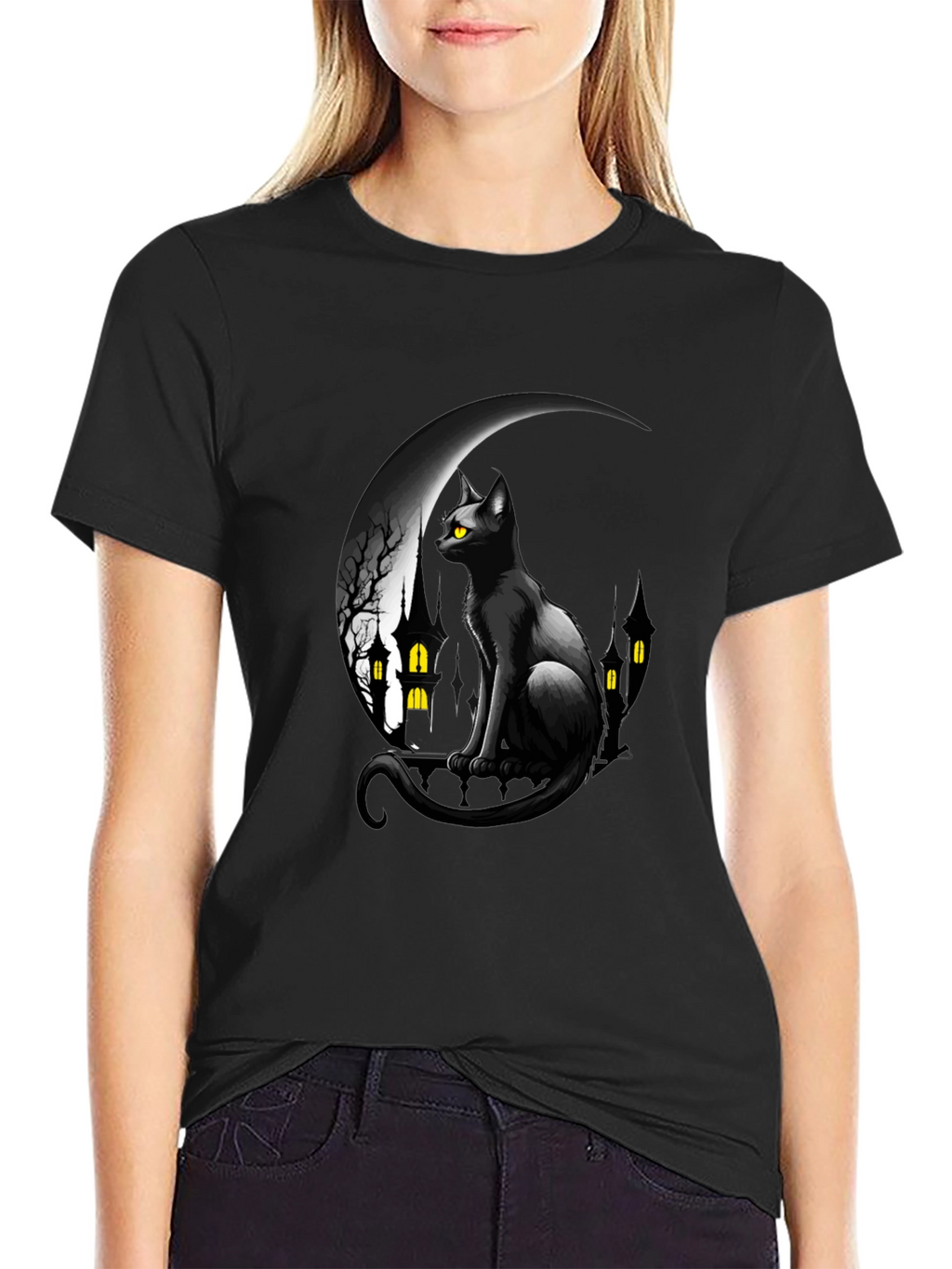 Black Cat Moon Halloween Graphic T-Shirt
