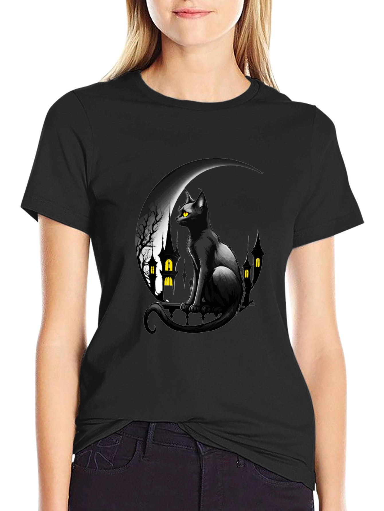 Black Cat Moon Halloween Graphic T-Shirt