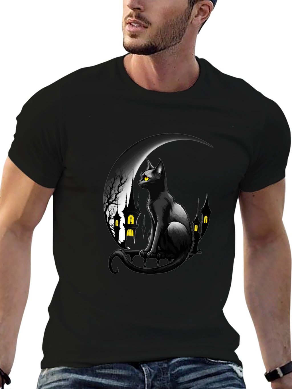 Black Cat Moon Halloween Graphic T-Shirt