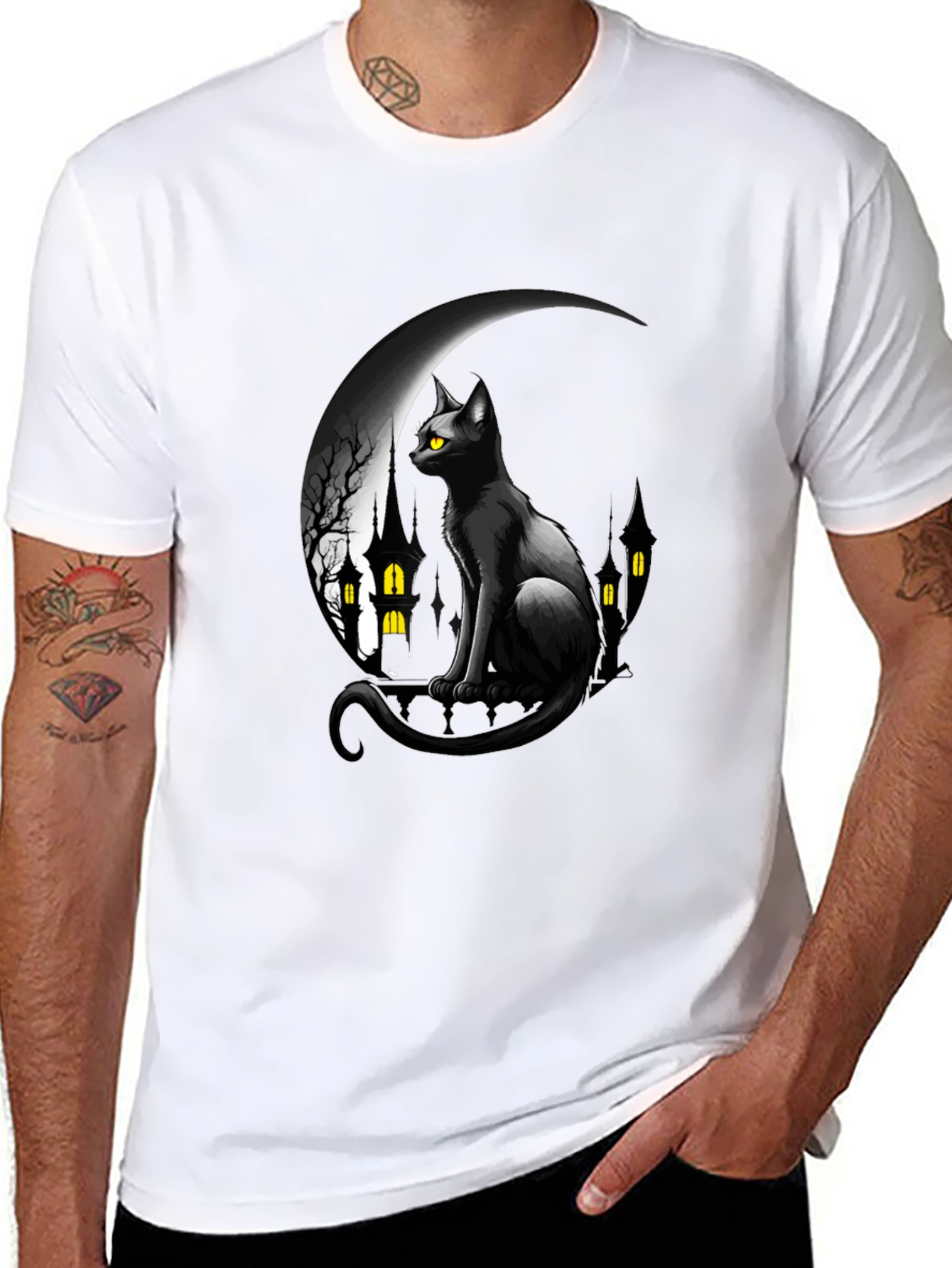 Black Cat Moon Halloween Graphic T-Shirt