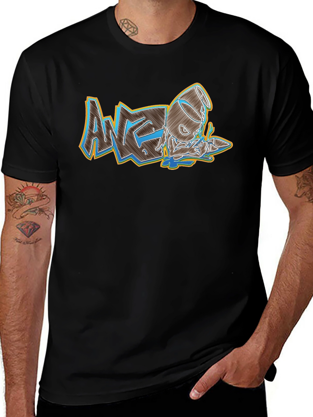 Mens Black Graphic Print Crew Neck Tee