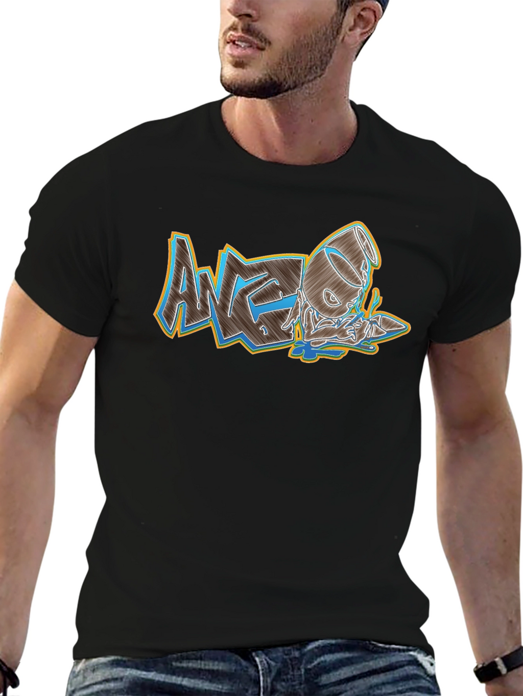 Mens Black Graphic Print Crew Neck Tee
