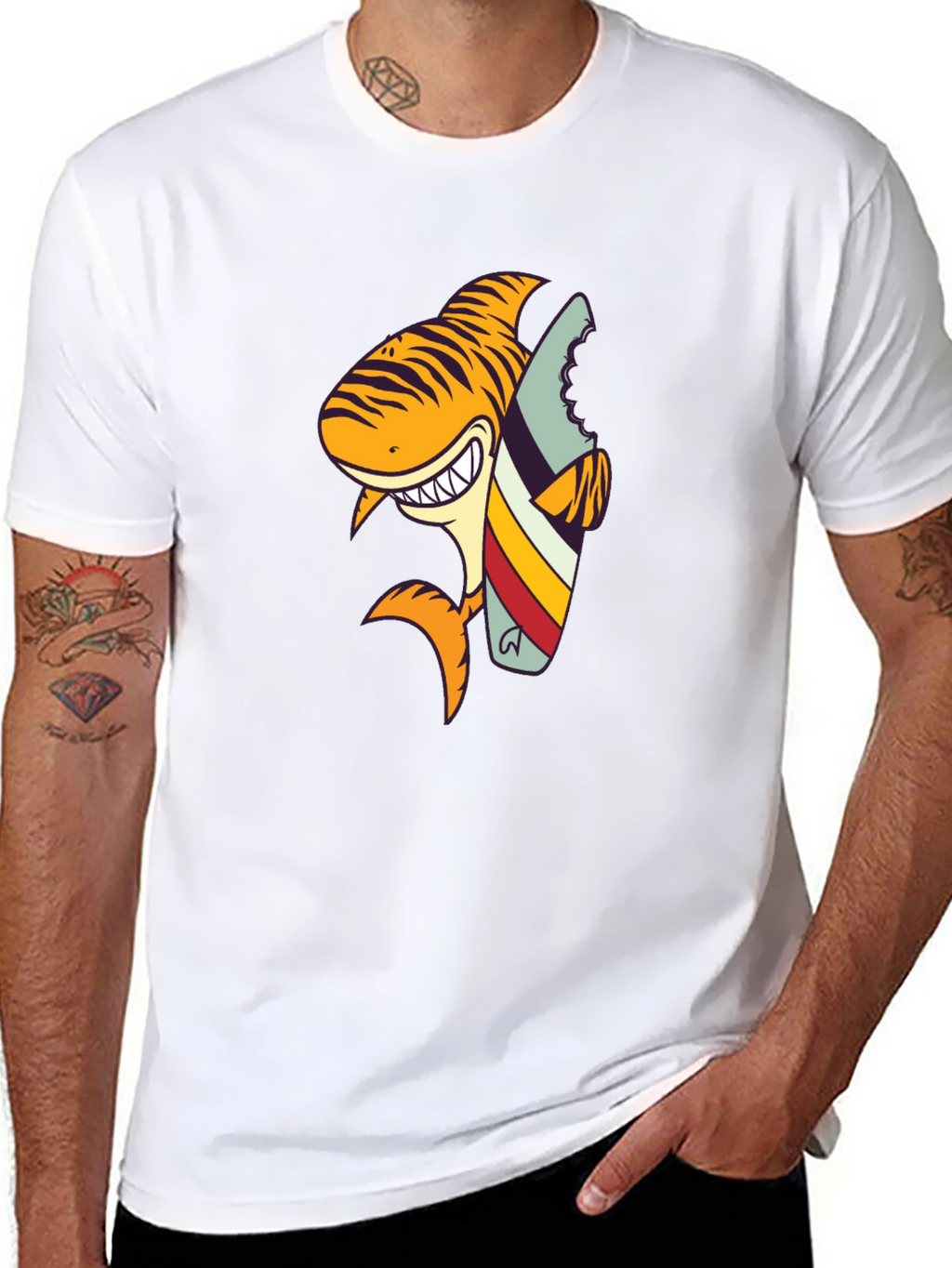 Shark Surfboard Graphic Tee - Black Cotton T-Shirt