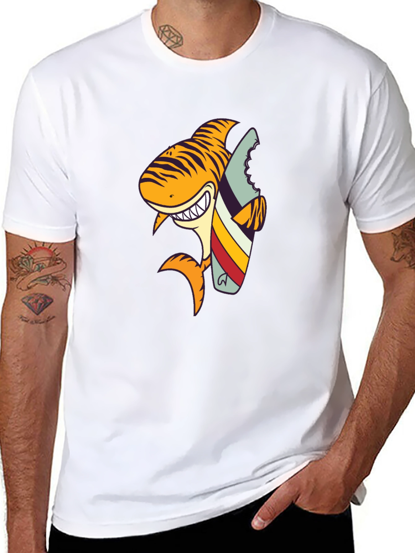 Shark Surfboard Graphic Tee - Black Cotton T-Shirt