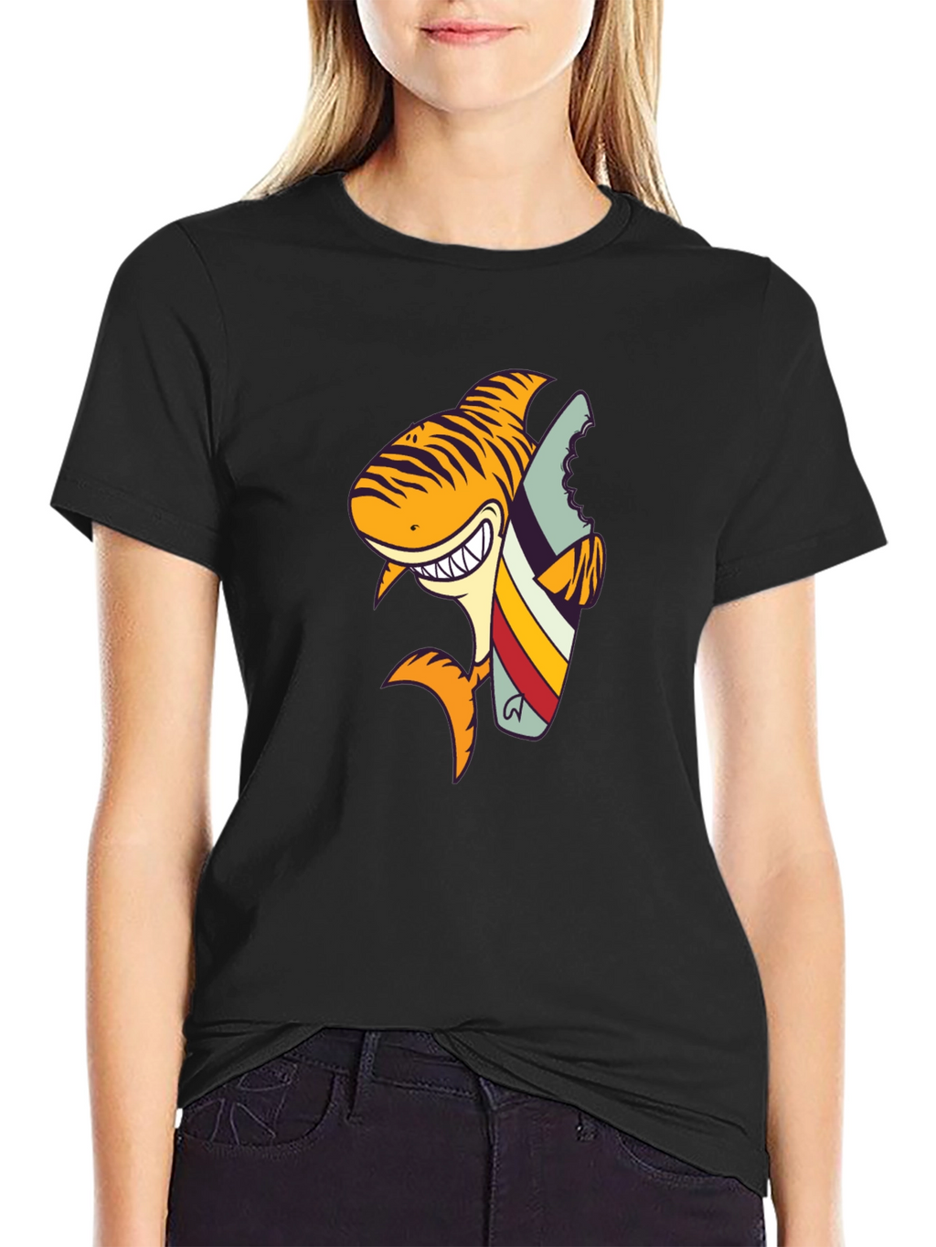 Shark Surfboard Graphic Tee - Black Cotton T-Shirt