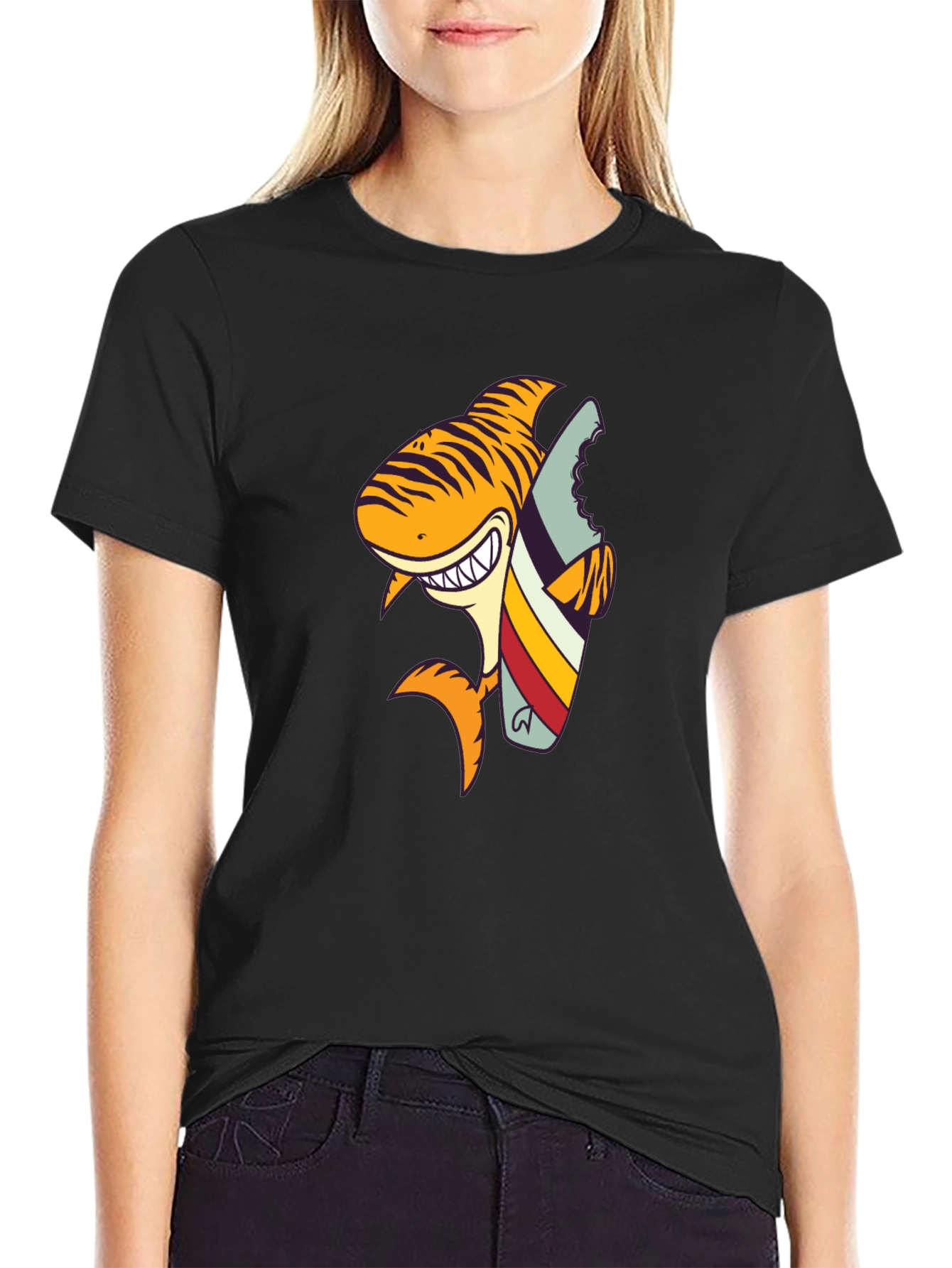 Shark Surfboard Graphic Tee - Black Cotton T-Shirt