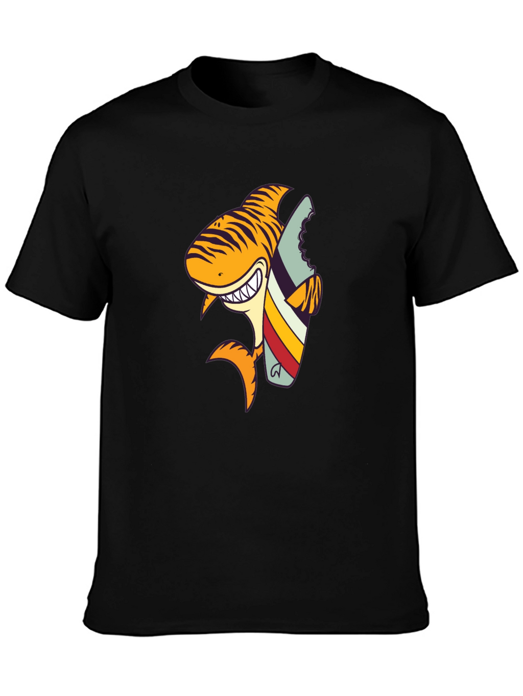 Shark Surfboard Graphic Tee - Black Cotton T-Shirt