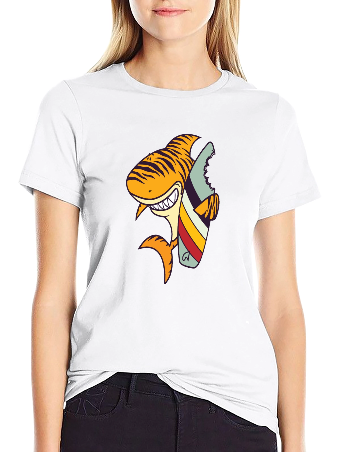 Shark Surfboard Graphic Tee - Black Cotton T-Shirt