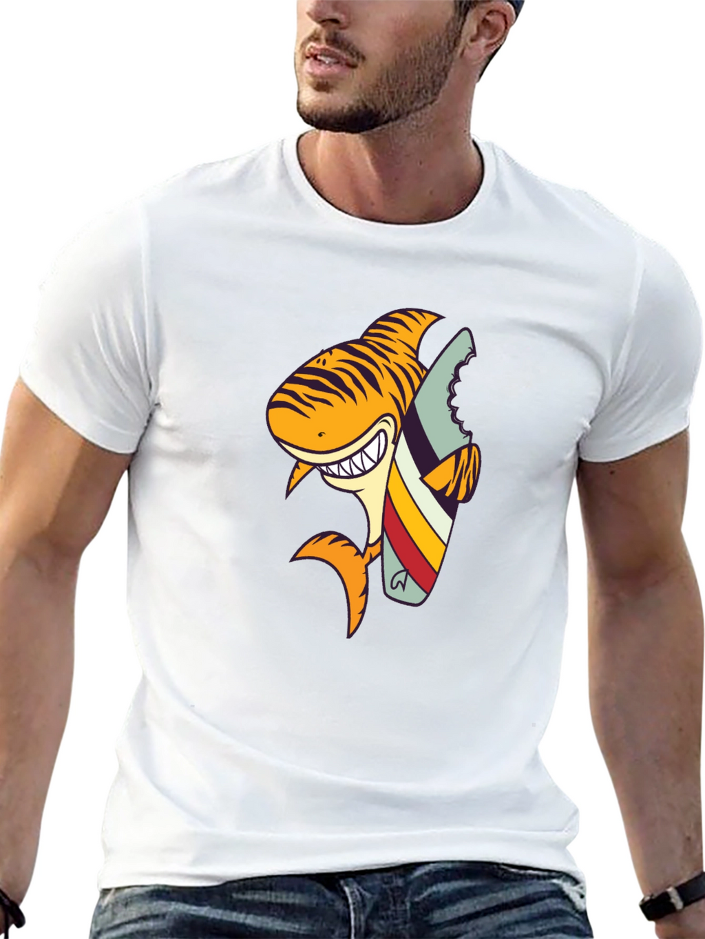 Shark Surfboard Graphic Tee - Black Cotton T-Shirt