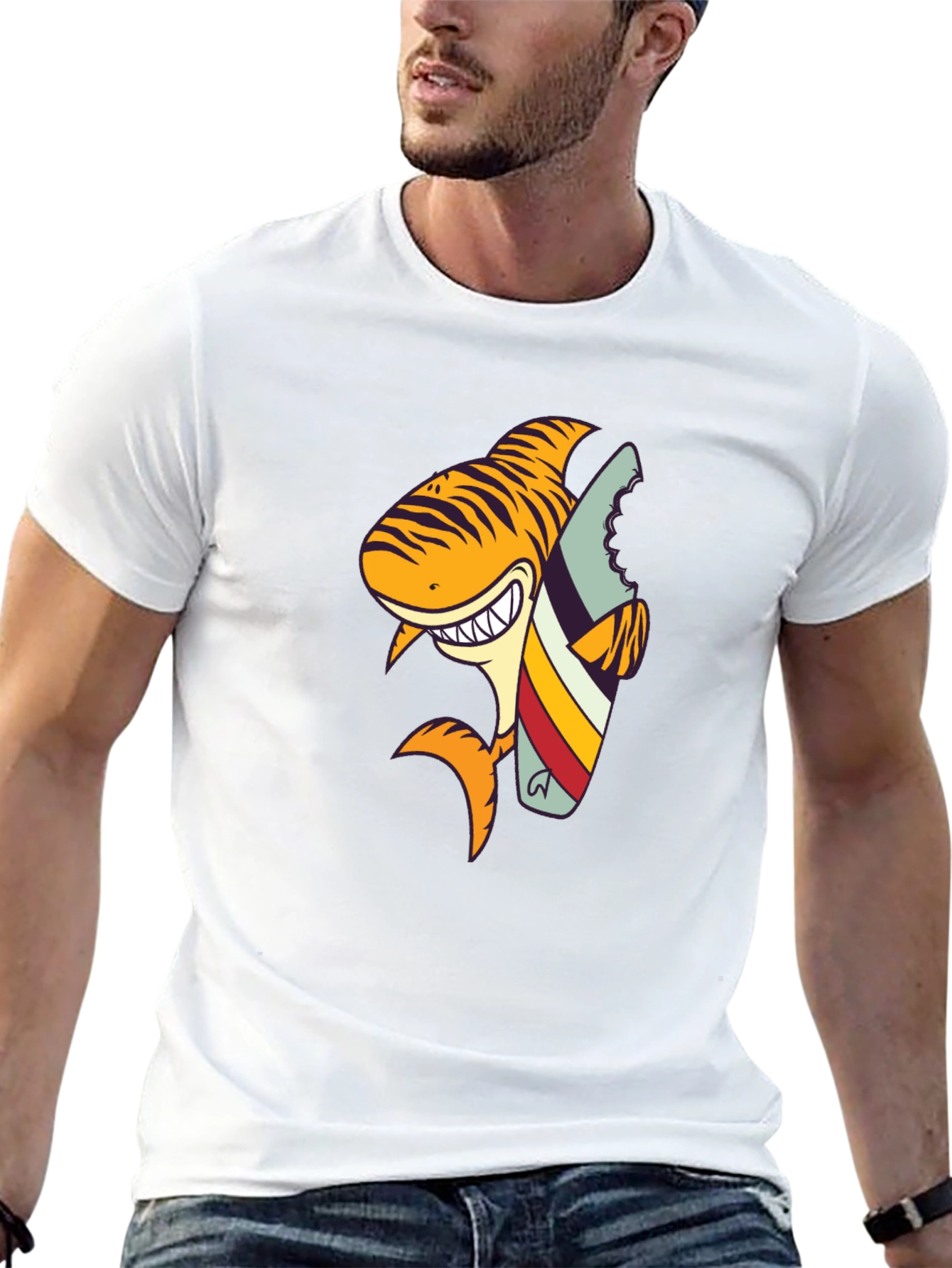 Shark Surfboard Graphic Tee - Black Cotton T-Shirt