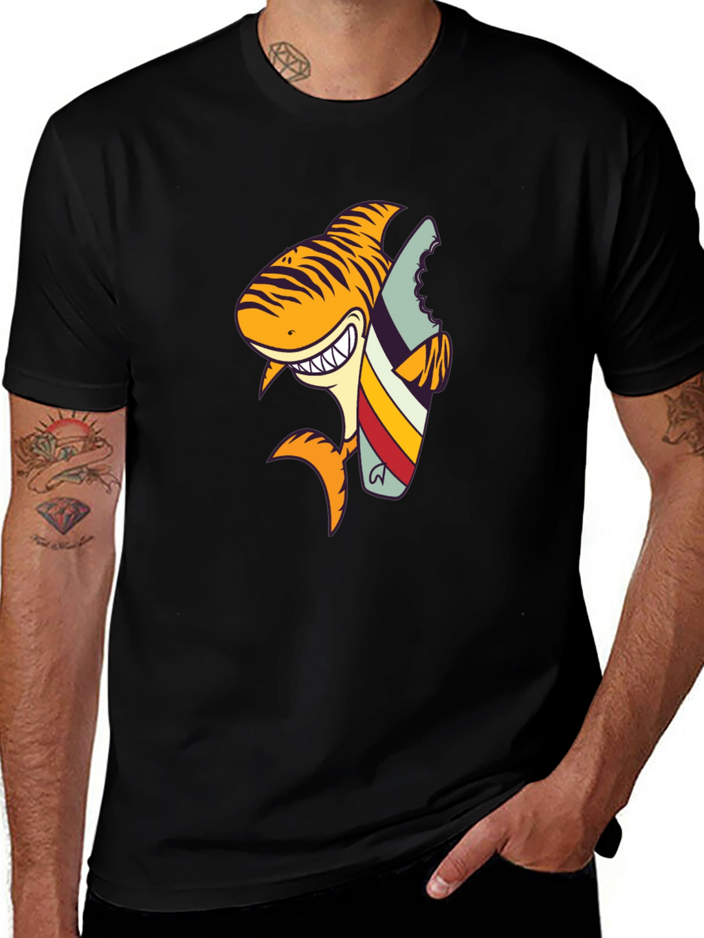 Shark Surfboard Graphic Tee - Black Cotton T-Shirt