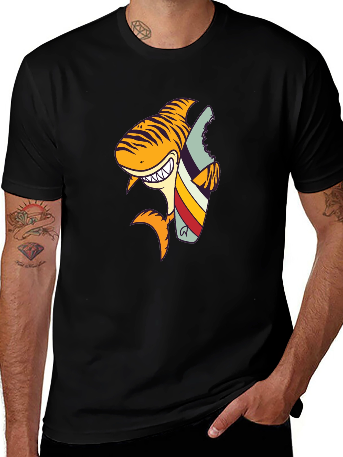 Shark Surfboard Graphic Tee - Black Cotton T-Shirt