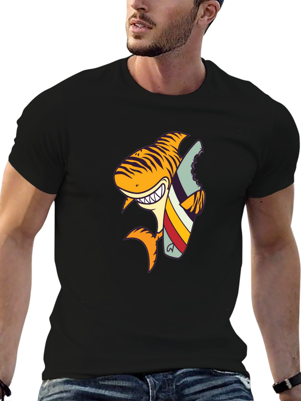 Shark Surfboard Graphic Tee - Black Cotton T-Shirt