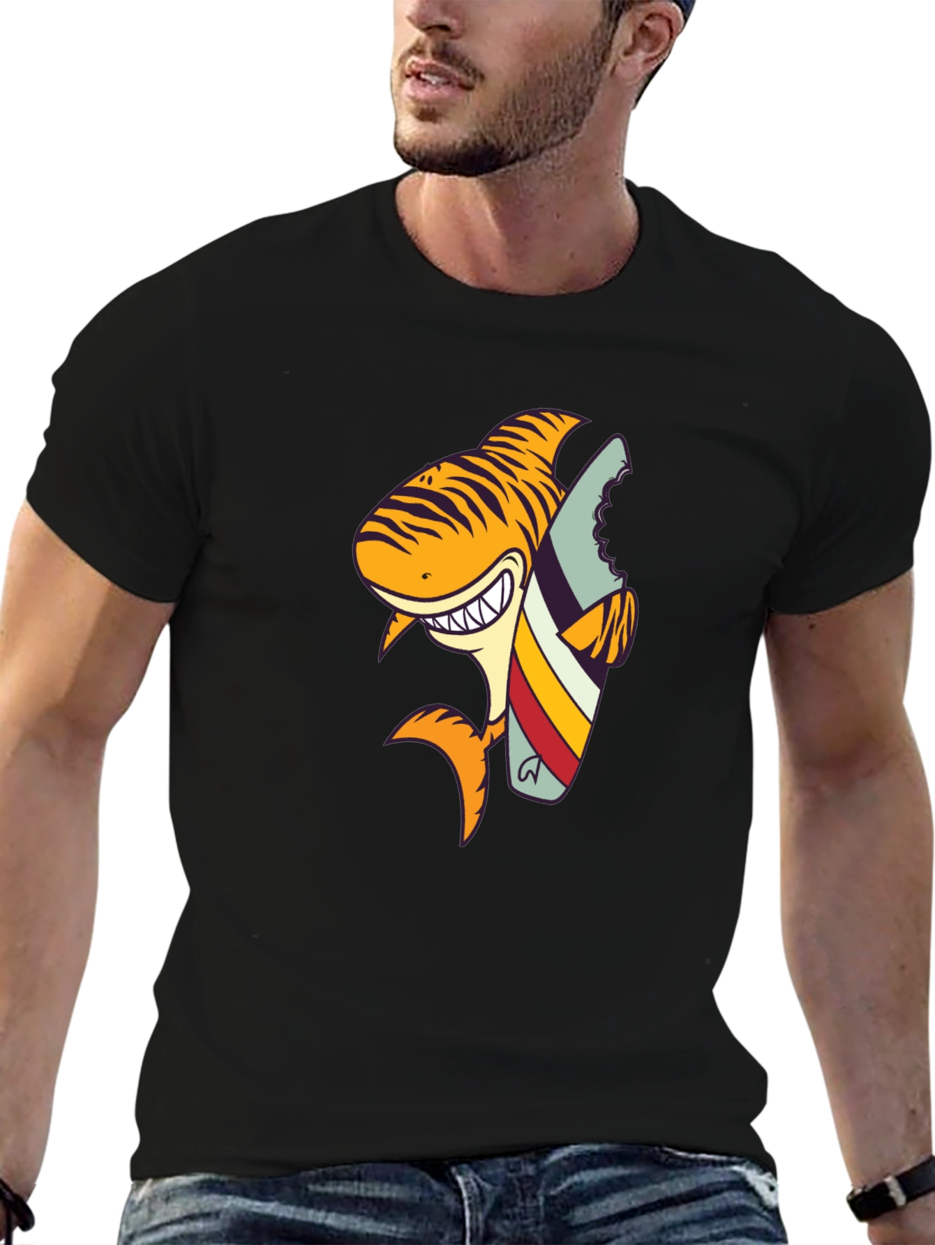 Shark Surfboard Graphic Tee - Black Cotton T-Shirt