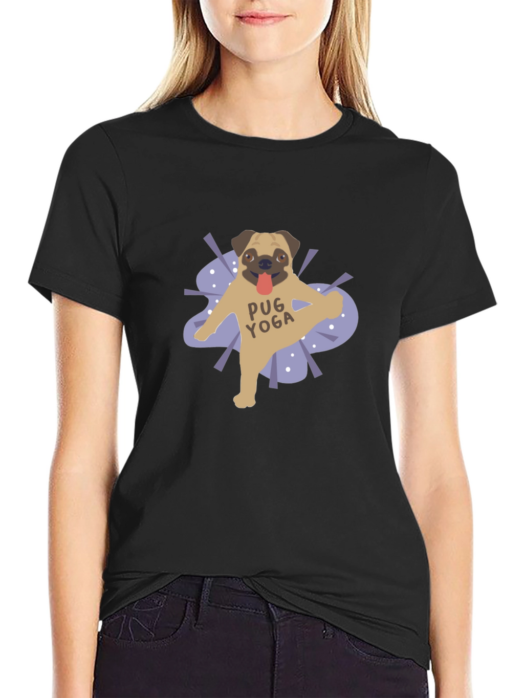 Pug Yoga Graphic T-Shirt - Black Casual