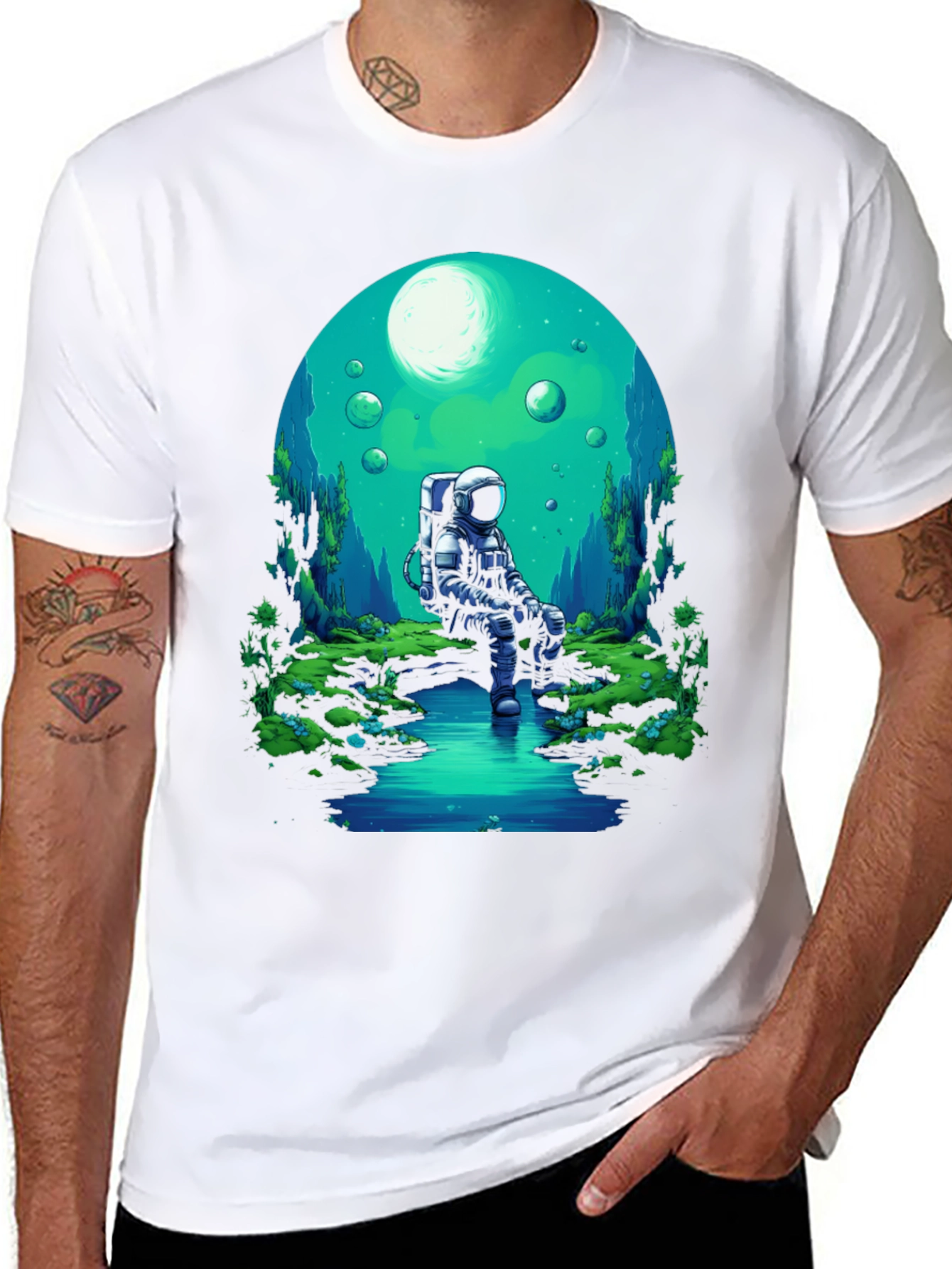 Astronaut in Nature Black T-Shirt