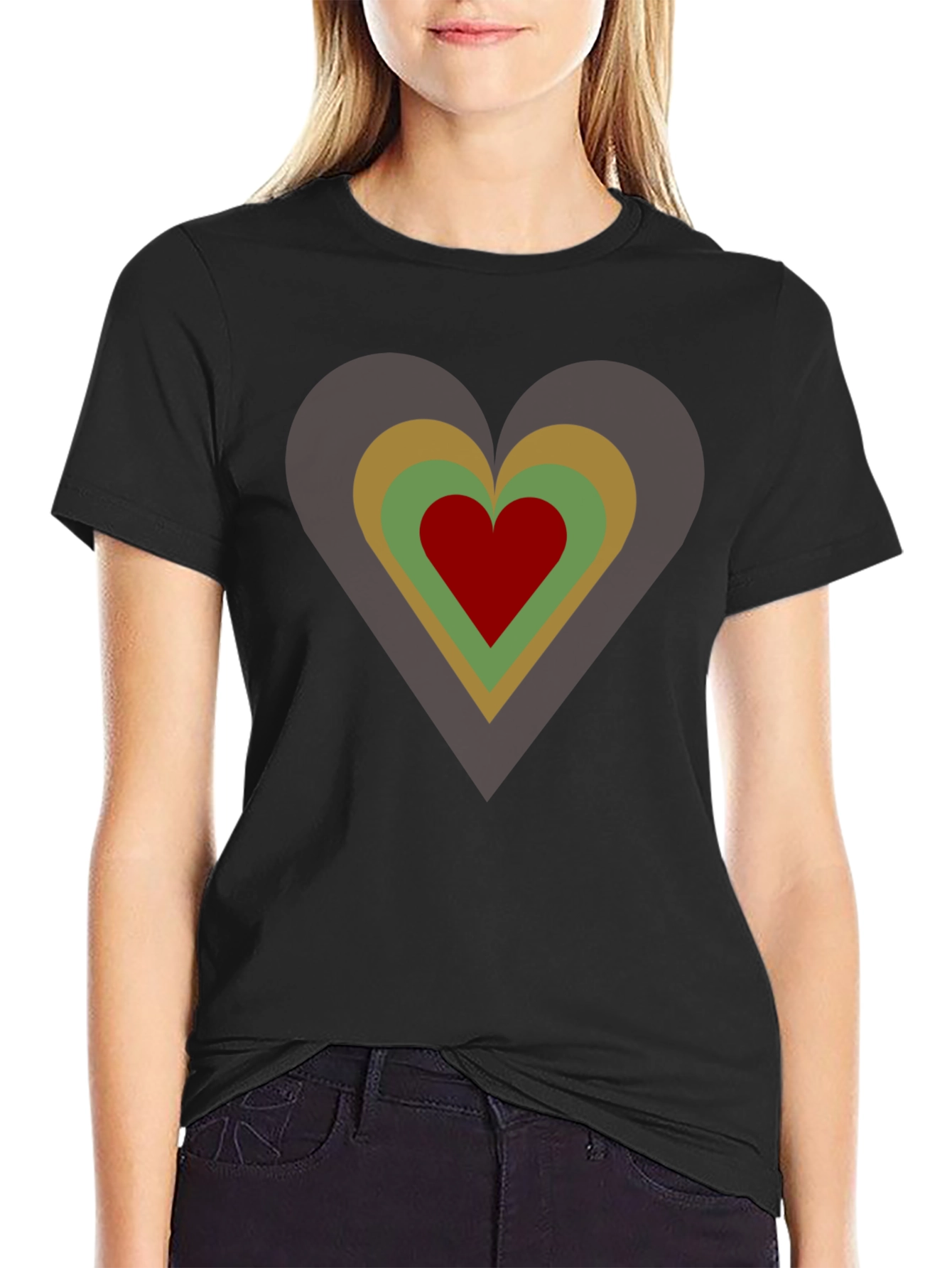Retro Heart Graphic Tee - Black Cotton Casual T-Shirt