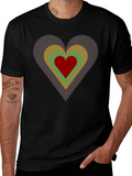 Retro Heart Graphic Tee - Black Cotton Casual T-Shirt