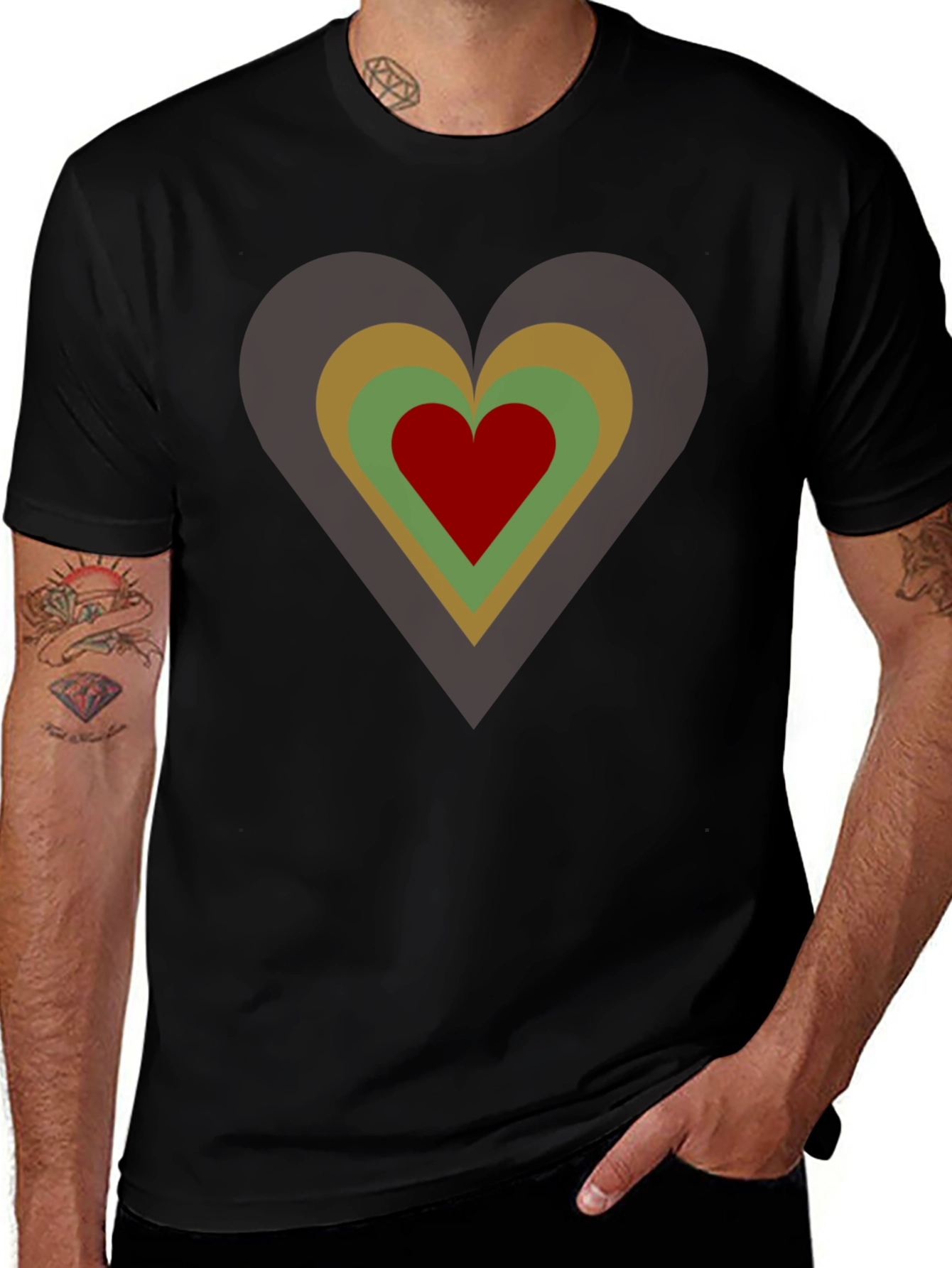 Retro Heart Graphic Tee - Black Cotton Casual T-Shirt