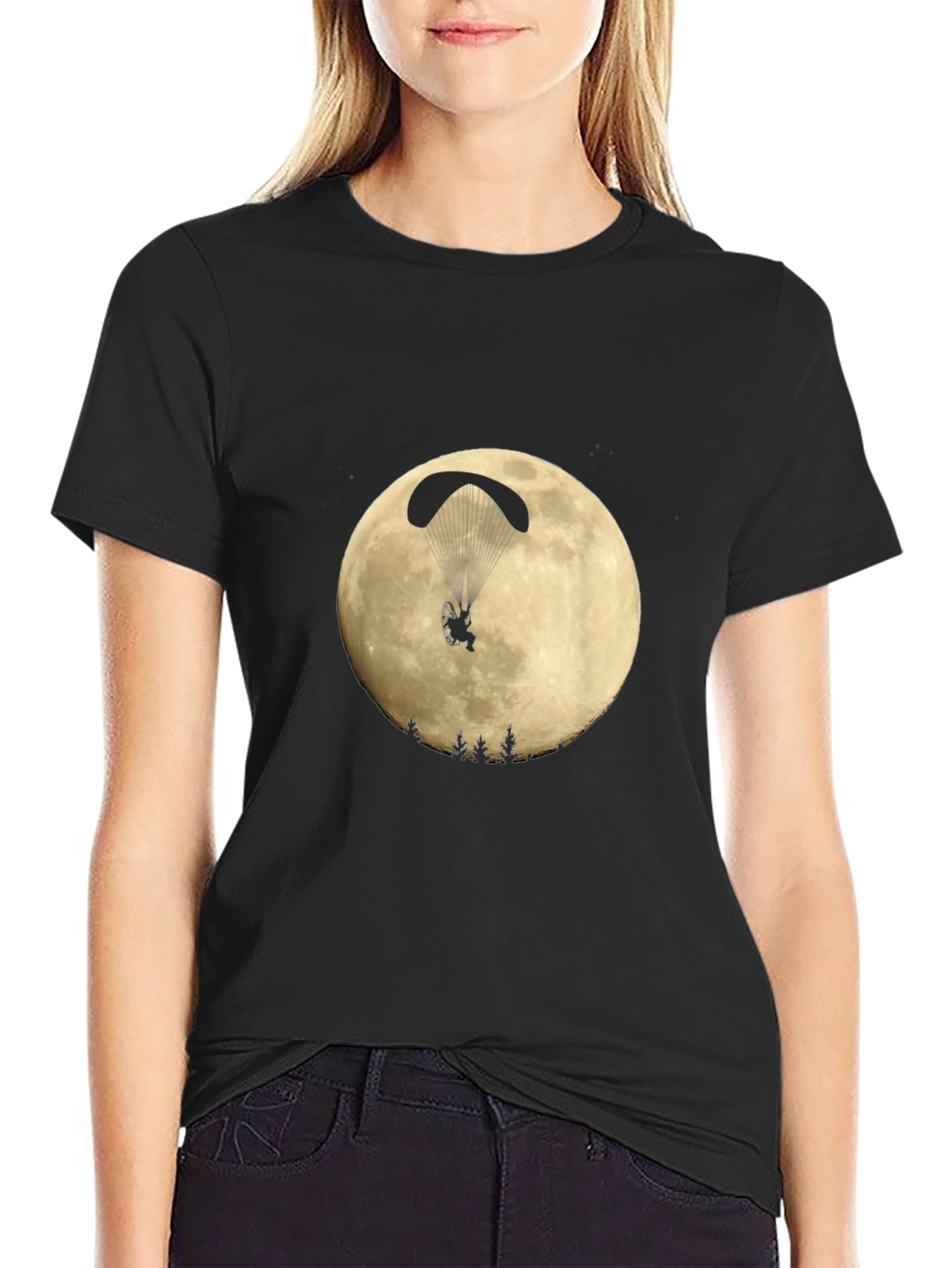 Paragliding Moon Graphic Black T-Shirt