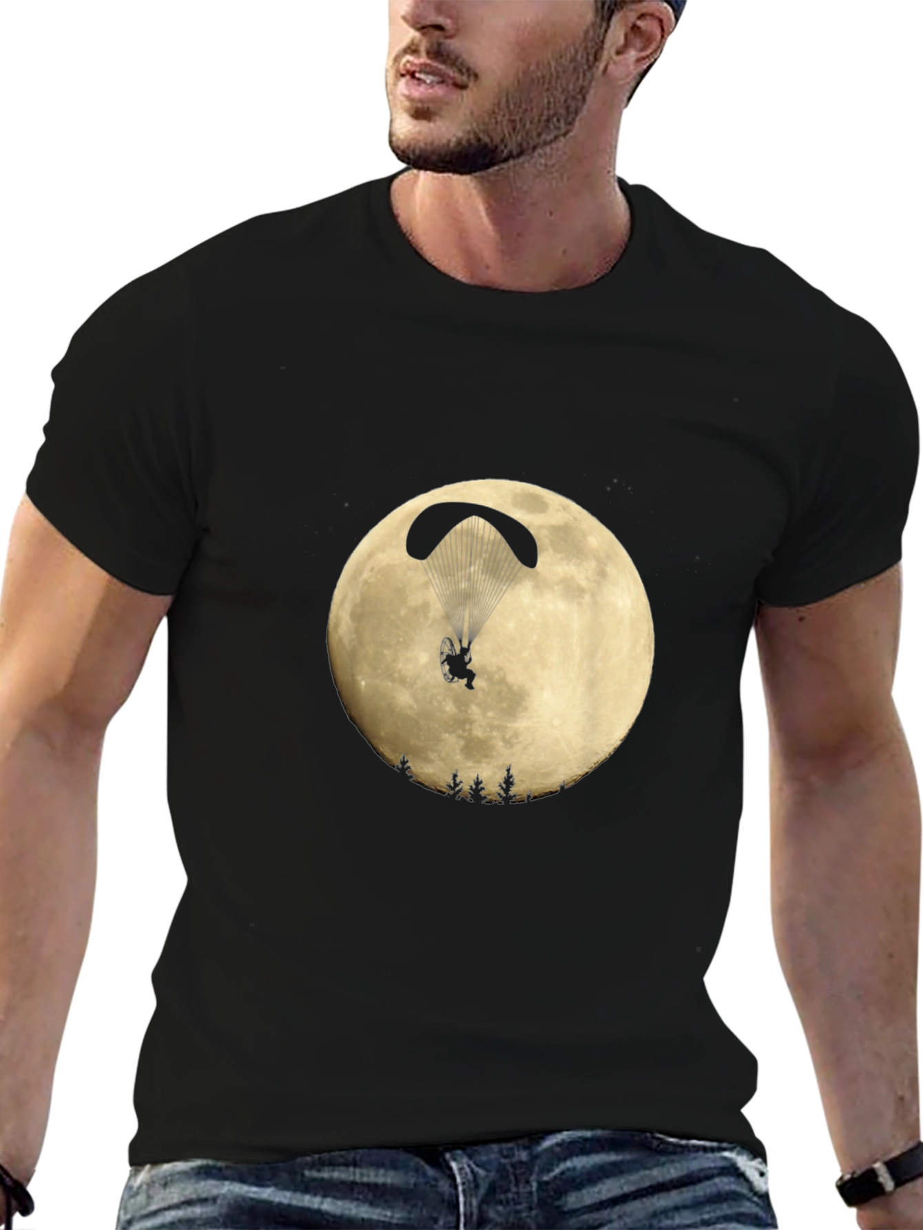 Paragliding Moon Graphic Black T-Shirt