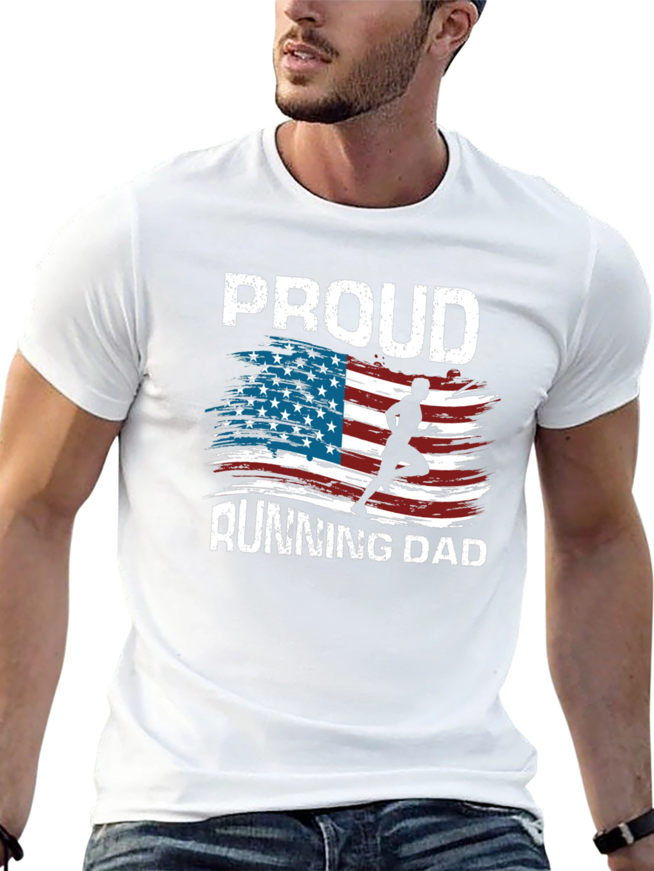 Proud Running Dad T-Shirt Patriotic USA Flag Runner Tee