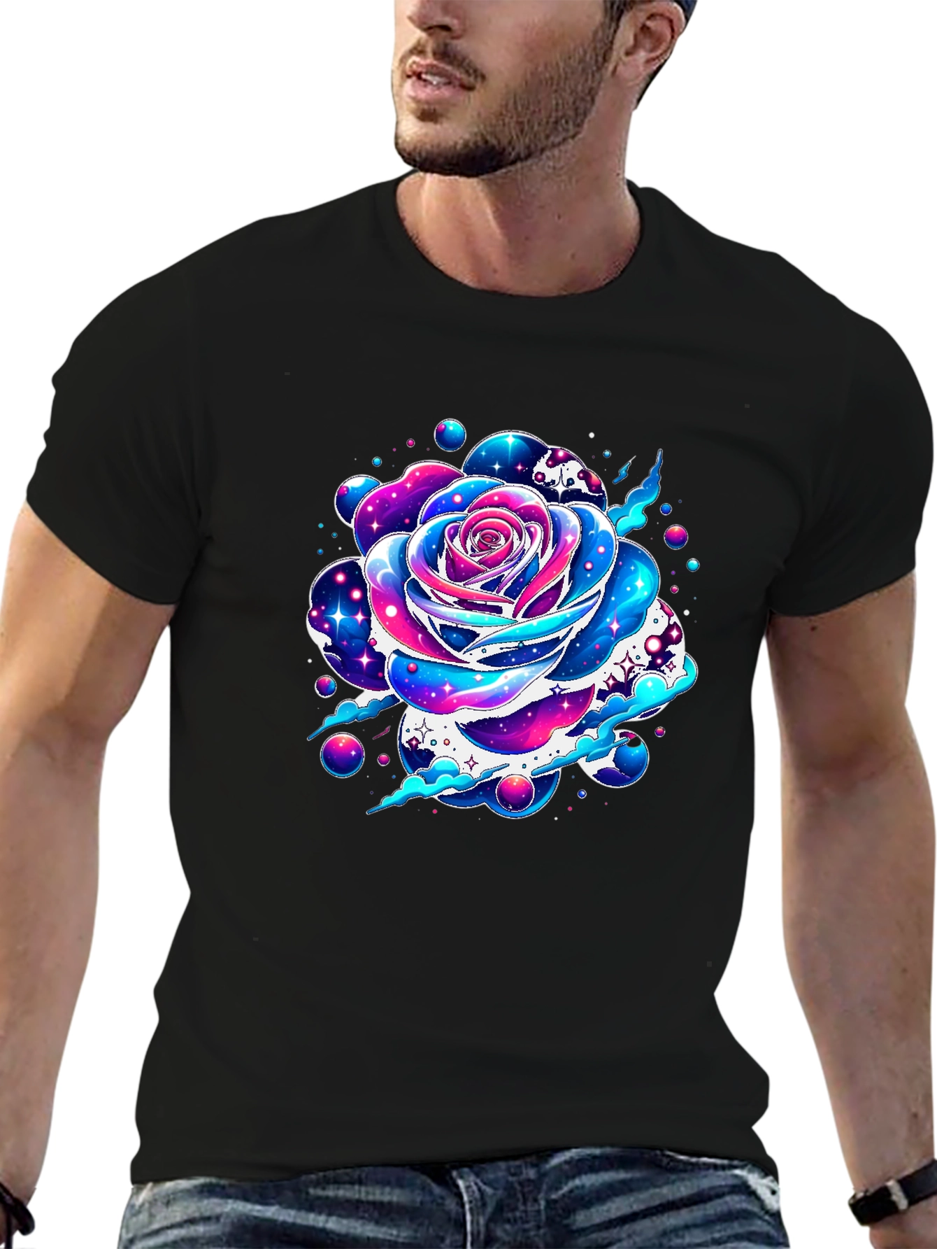 Galaxy Rose Graphic Tee - Unique Space Flower Design