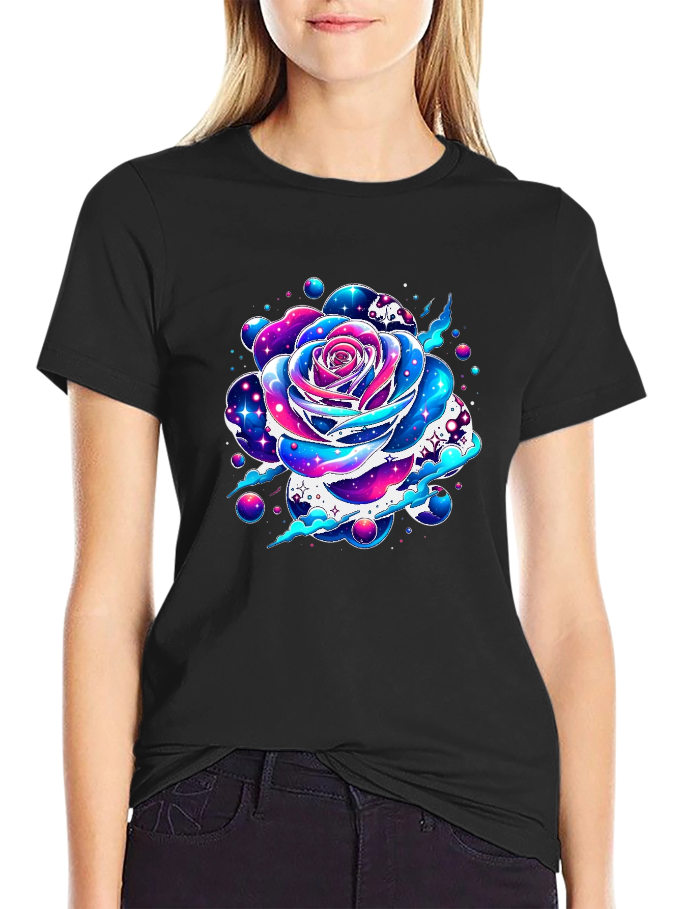 Galaxy Rose Graphic Tee - Unique Space Flower Design