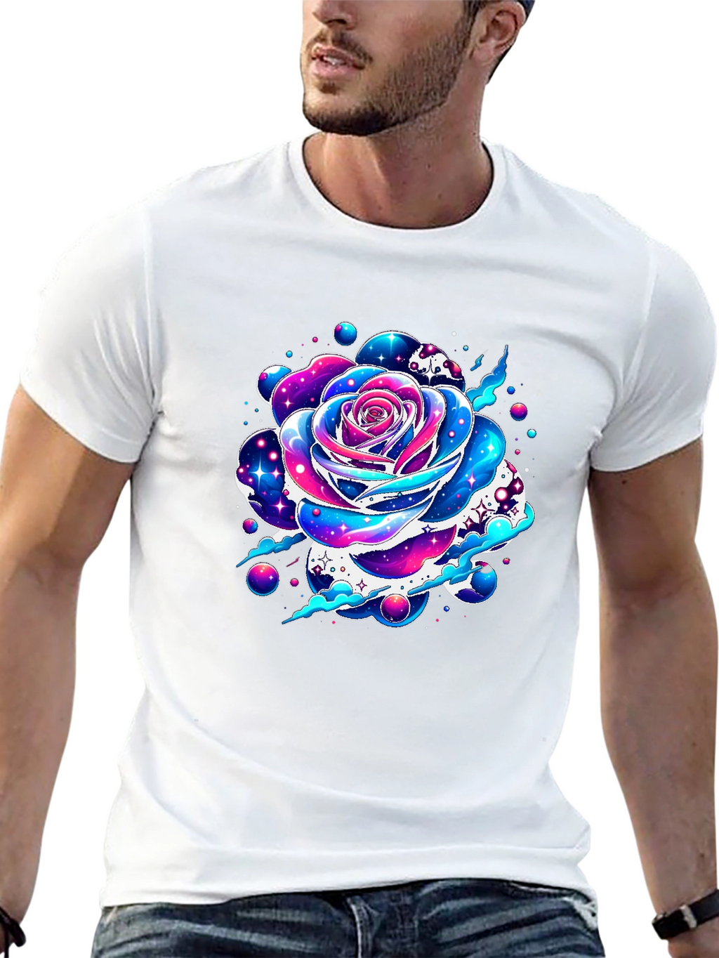 Galaxy Rose Graphic Tee - Unique Space Flower Design