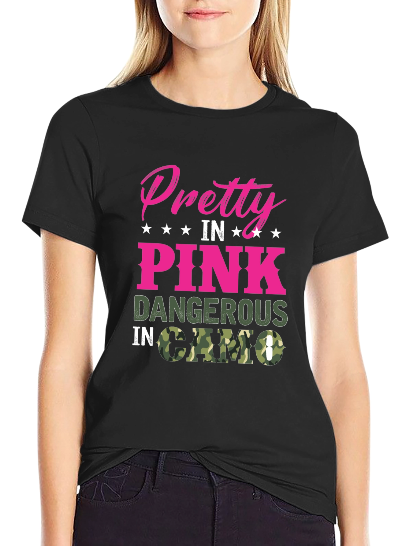 Pretty in Pink Dangerous in Camo Black T-Shirt