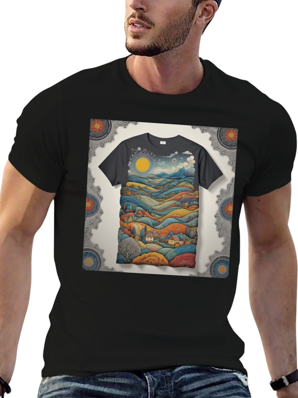 Scenic Landscape Graphic Tee - Black Cotton Blend