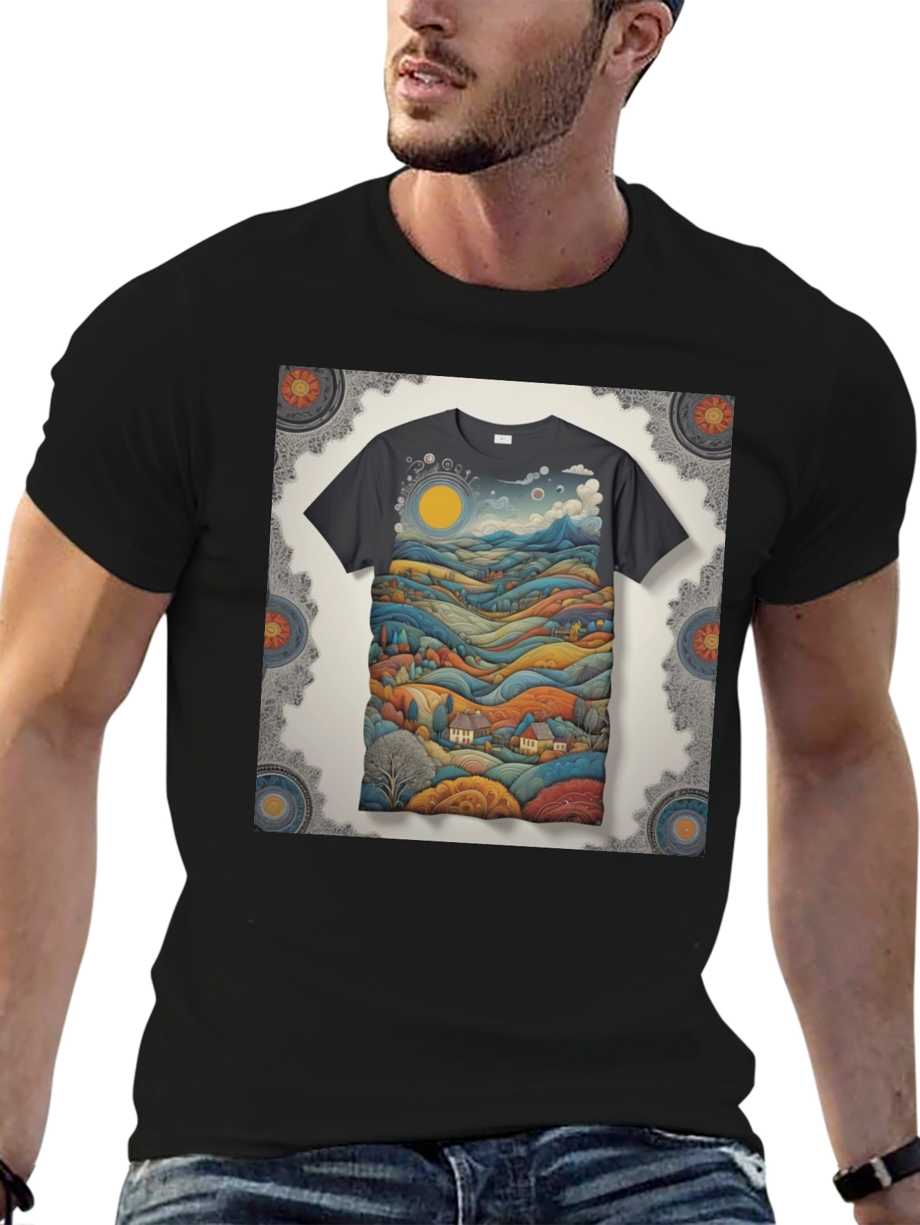 Scenic Landscape Graphic Tee - Black Cotton Blend