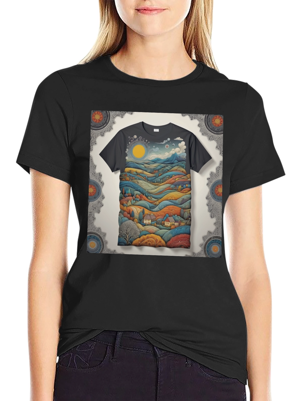 Scenic Landscape Graphic Tee - Black Cotton Blend