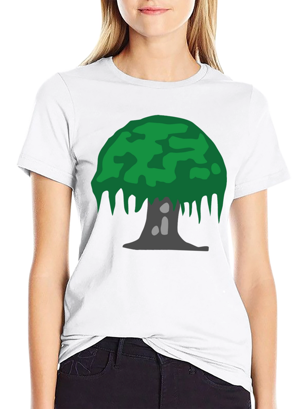 Cartoon Tree Graphic Tee - Black Cotton Blend