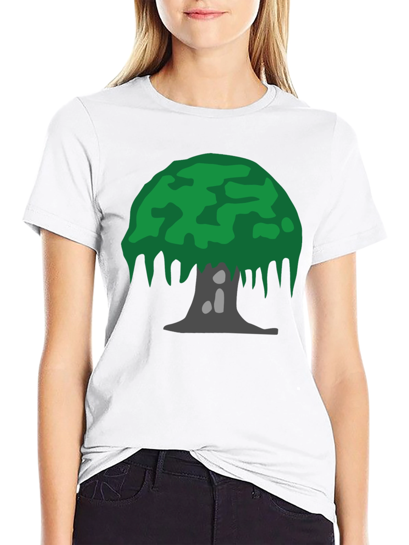 Cartoon Tree Graphic Tee - Black Cotton Blend