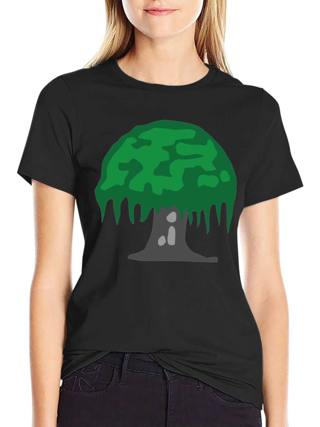 Cartoon Tree Graphic Tee - Black Cotton Blend