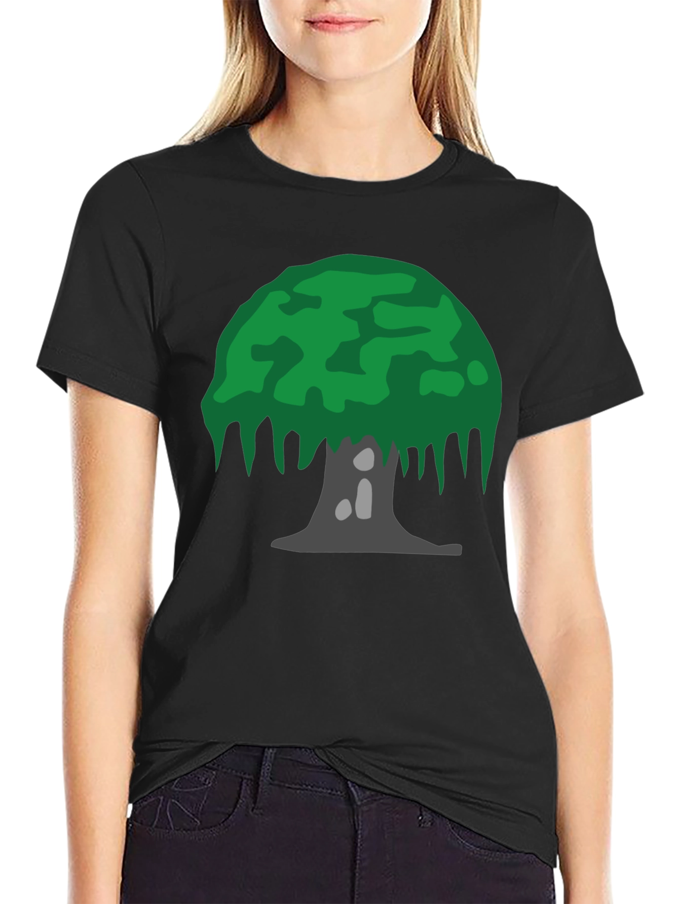 Cartoon Tree Graphic Tee - Black Cotton Blend