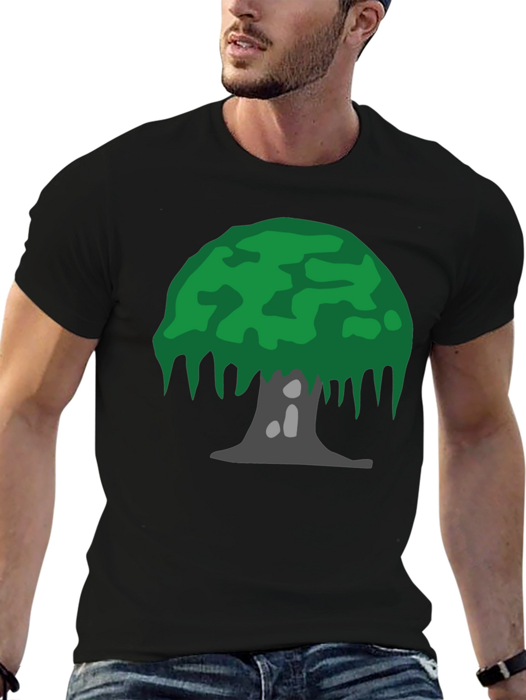 Cartoon Tree Graphic Tee - Black Cotton Blend