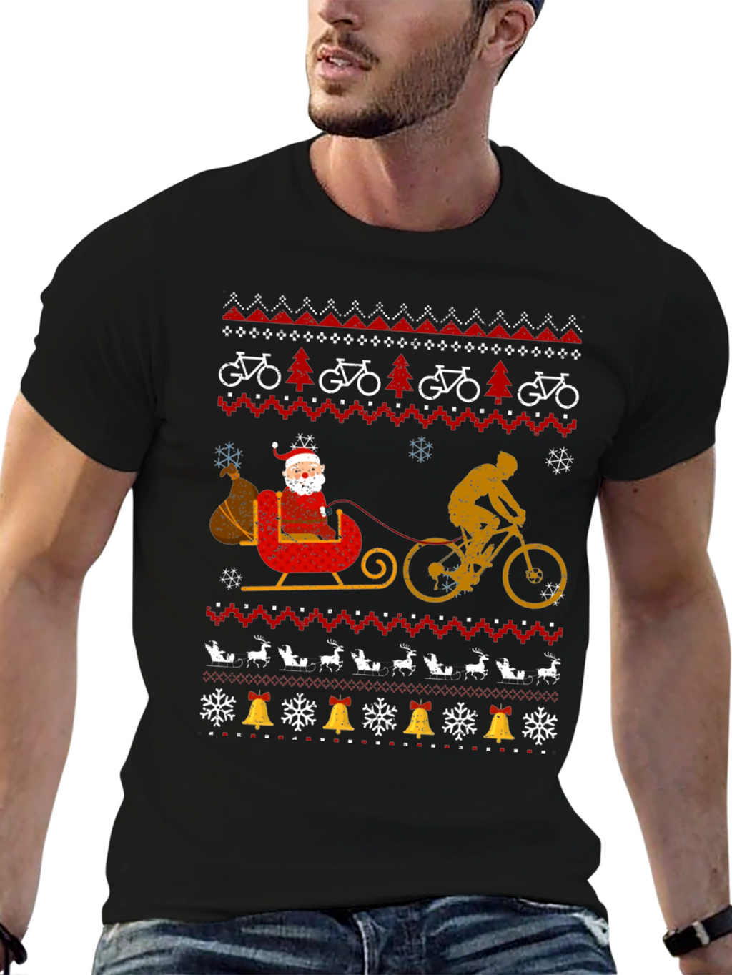 Cycling Santa Christmas Ugly Sweater Style T-Shirt