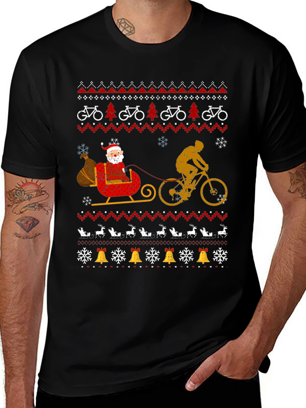 Cycling Santa Christmas Ugly Sweater Style T-Shirt