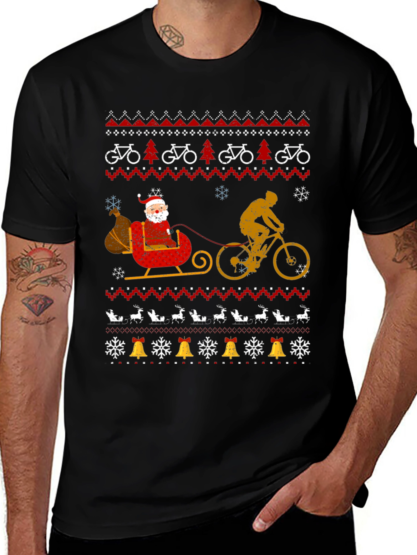 Cycling Santa Christmas Ugly Sweater Style T-Shirt