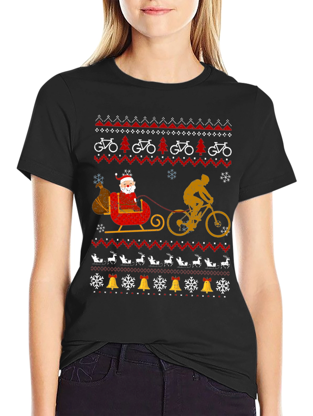 Cycling Santa Christmas Ugly Sweater Style T-Shirt