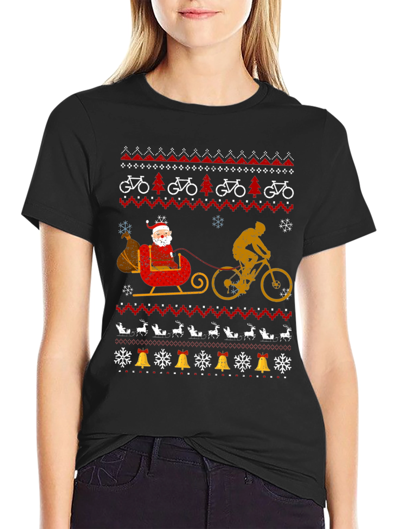 Cycling Santa Christmas Ugly Sweater Style T-Shirt