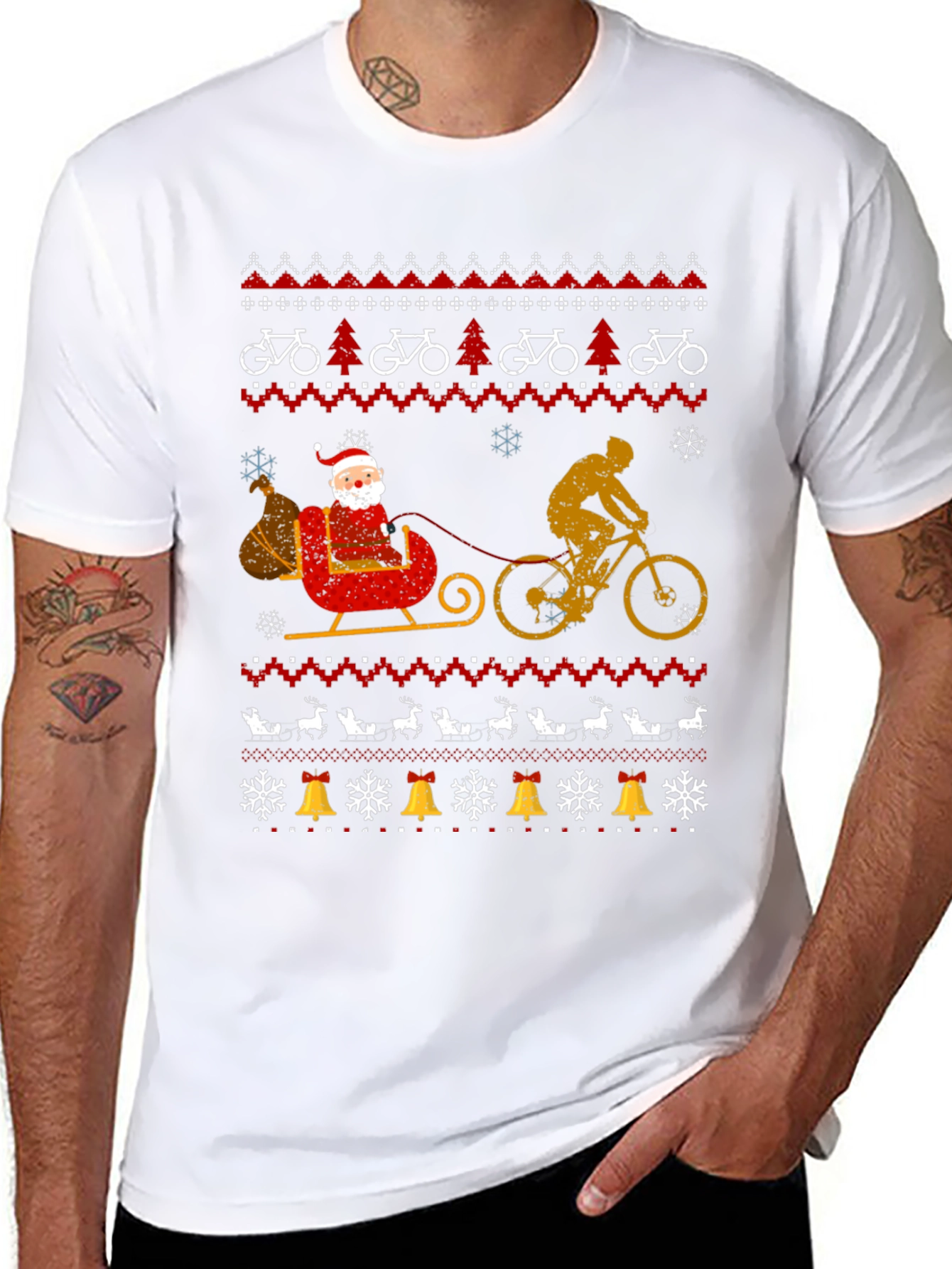 Cycling Santa Christmas Ugly Sweater Style T-Shirt
