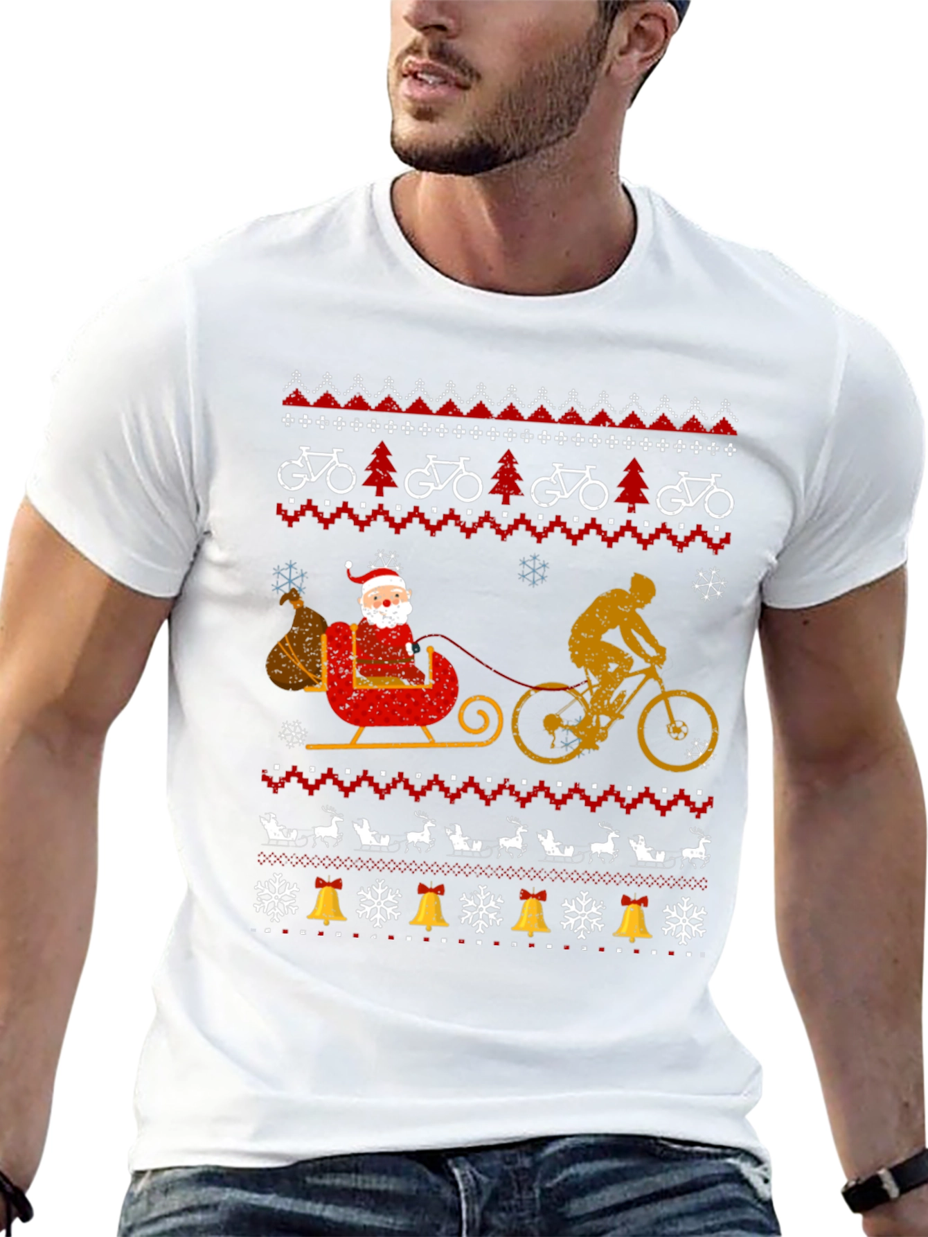 Cycling Santa Christmas Ugly Sweater Style T-Shirt