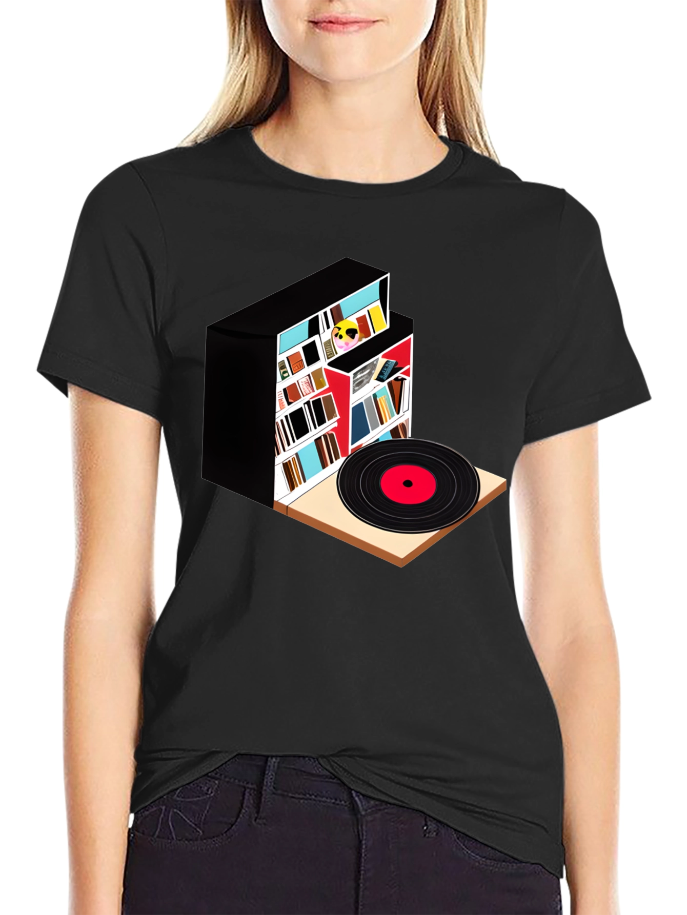Bookcase and Vinyl Record T-Shirt