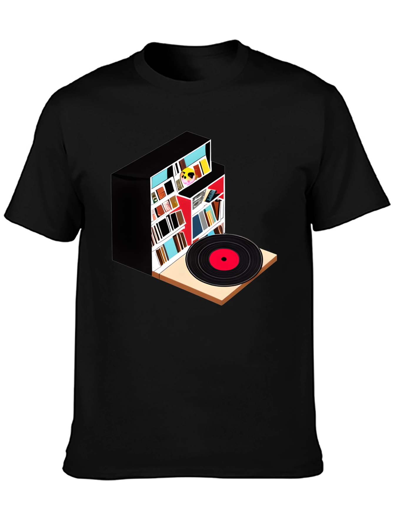 Bookcase and Vinyl Record T-Shirt